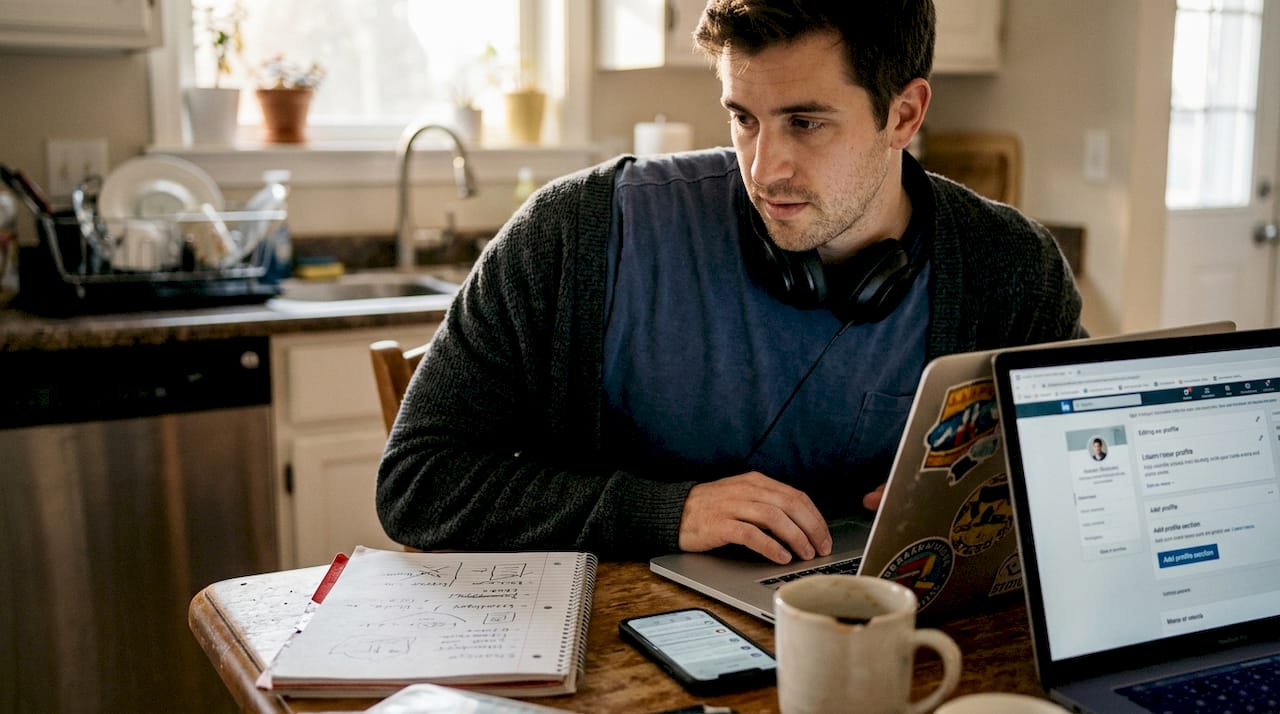 Man updating personal brand at home table