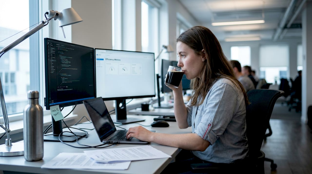 Engineer at desk with code and dashboard