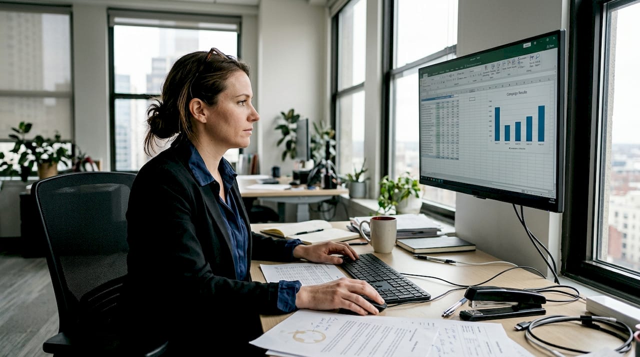 Marketer reviewing descriptive analytics spreadsheet