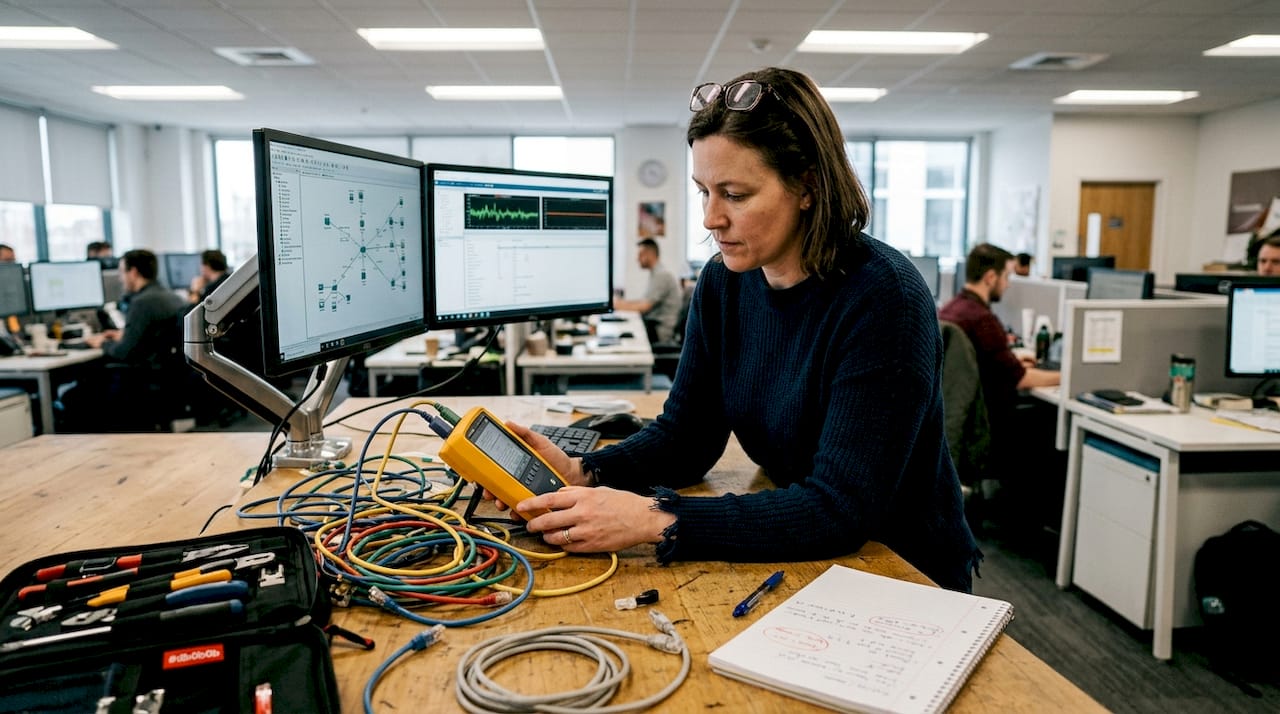 Woman testing network cable in shared office