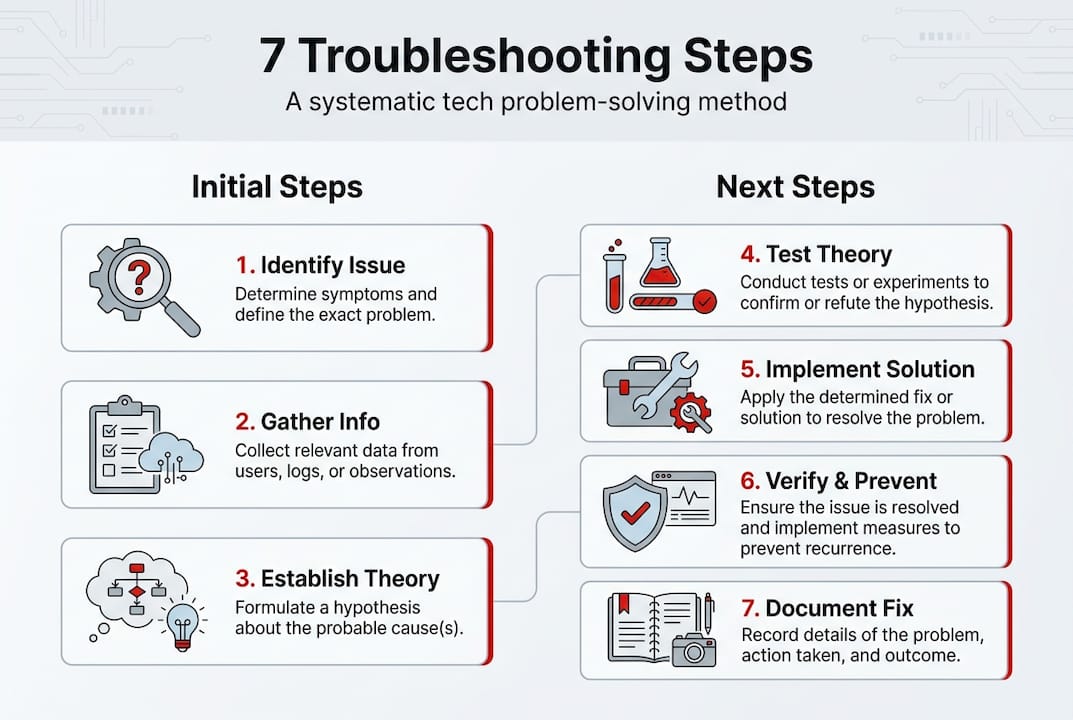 Infographic with 7 troubleshooting steps summary