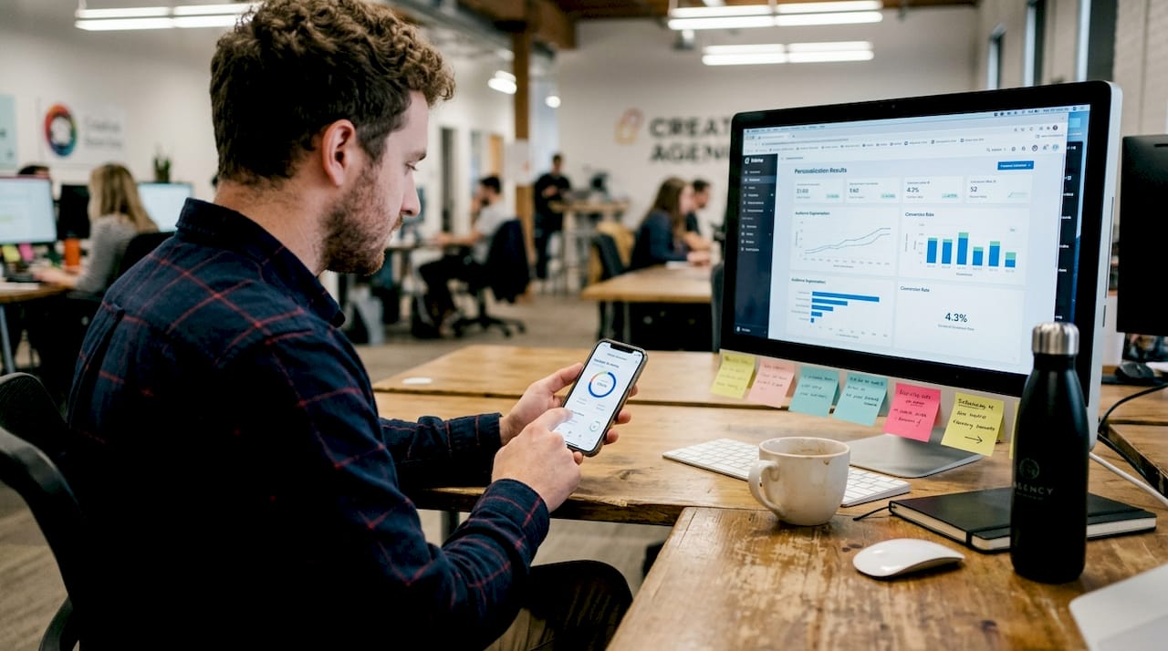 Strategist using branded fitness app at desk
