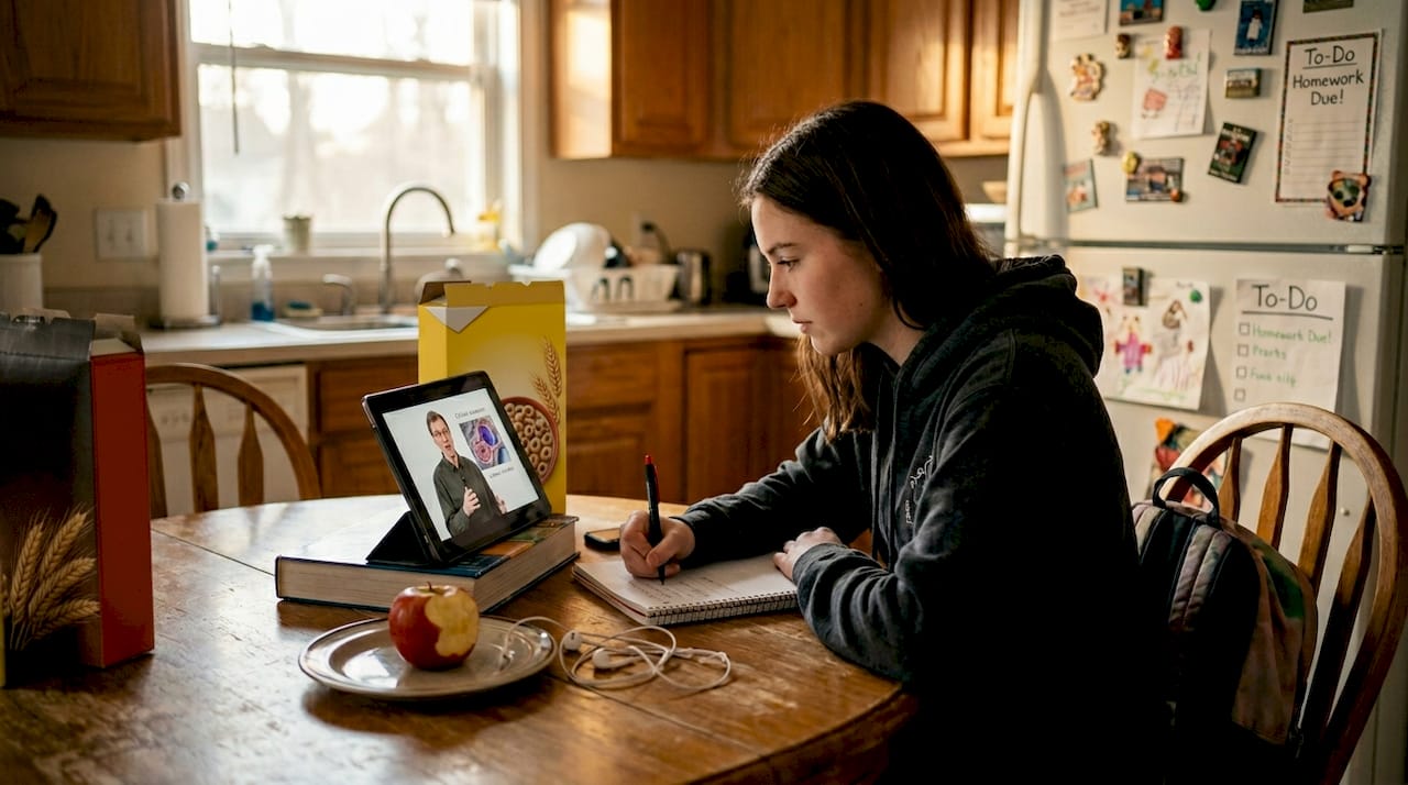 Student at kitchen table with online lesson