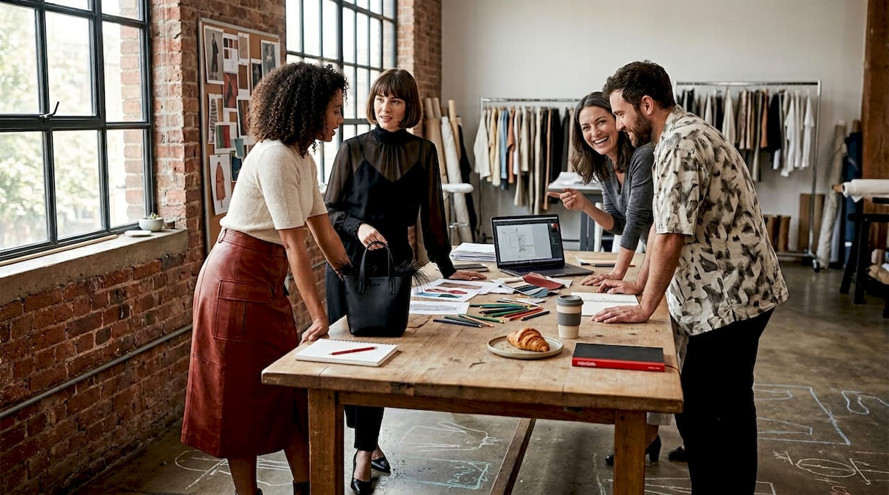 Colleagues discussing 2026 fashion trends at studio table