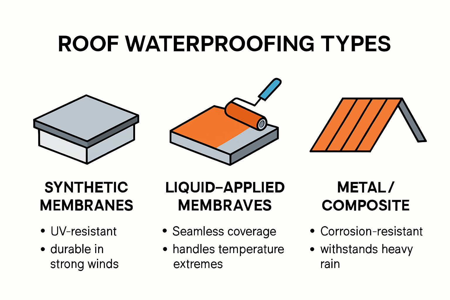 Infographic illustrating types of roof waterproofing methods