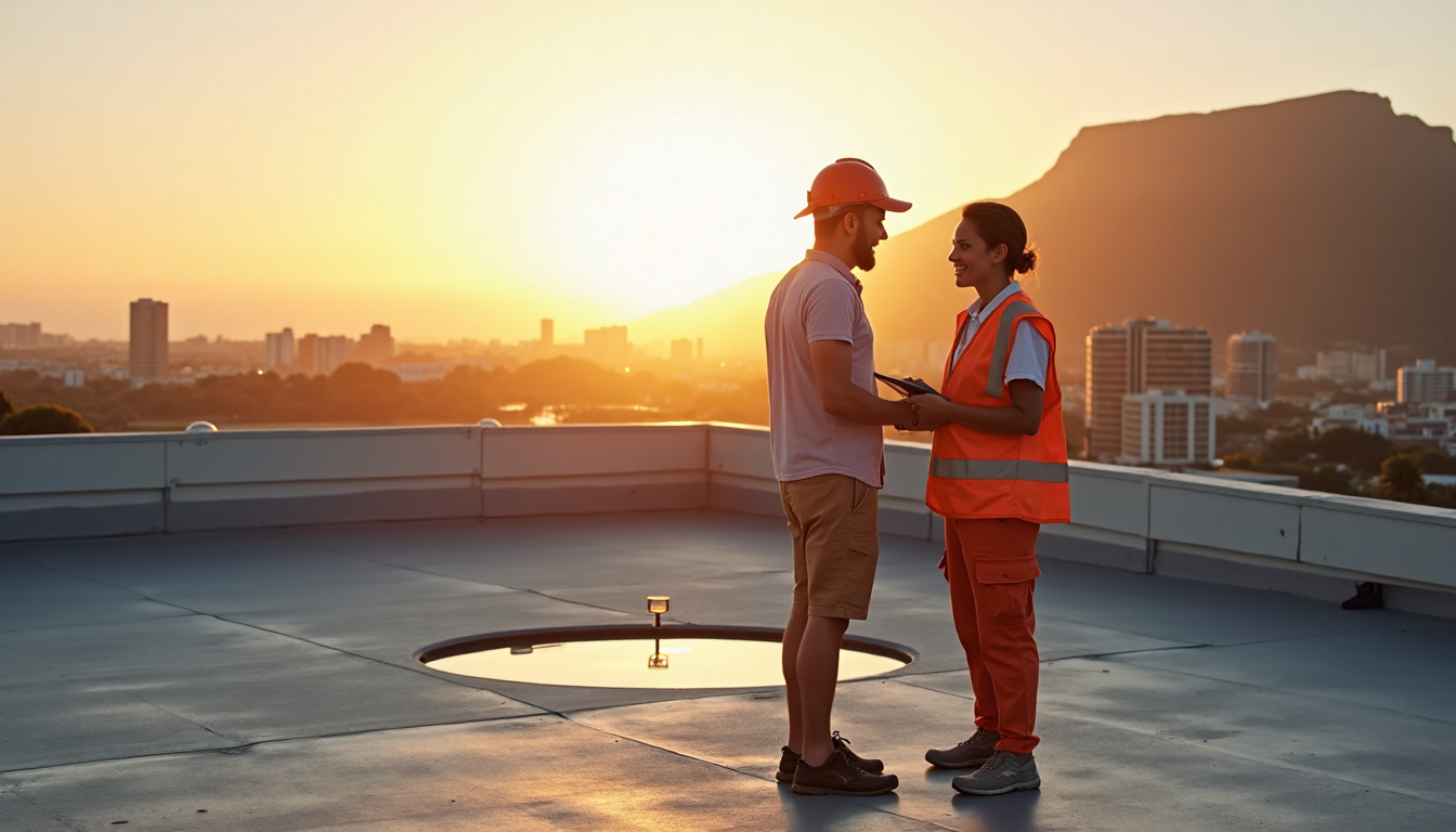 Homeowner and roofer on Cape Town flat roof at sunrise with inspection clipboard