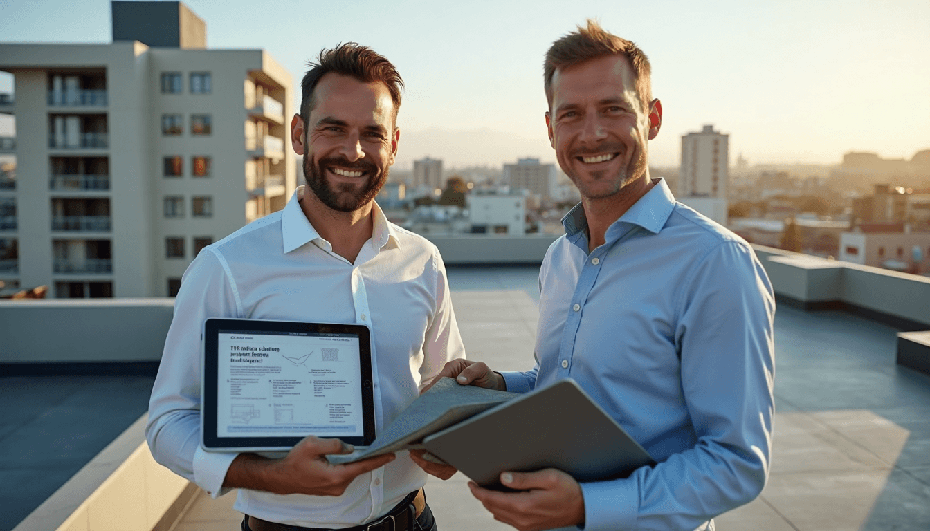 Facility managers compare metal and polymer roofing samples on Cape Town roof