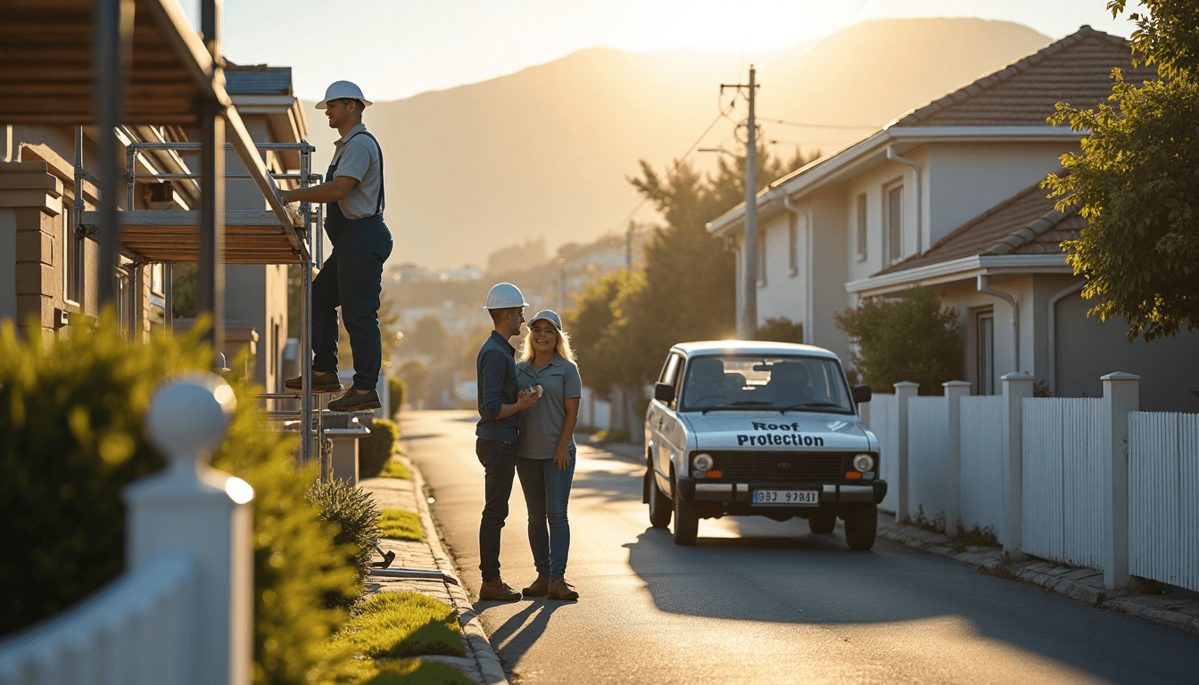 Roofer painting house roof in Cape Town northern suburb morning