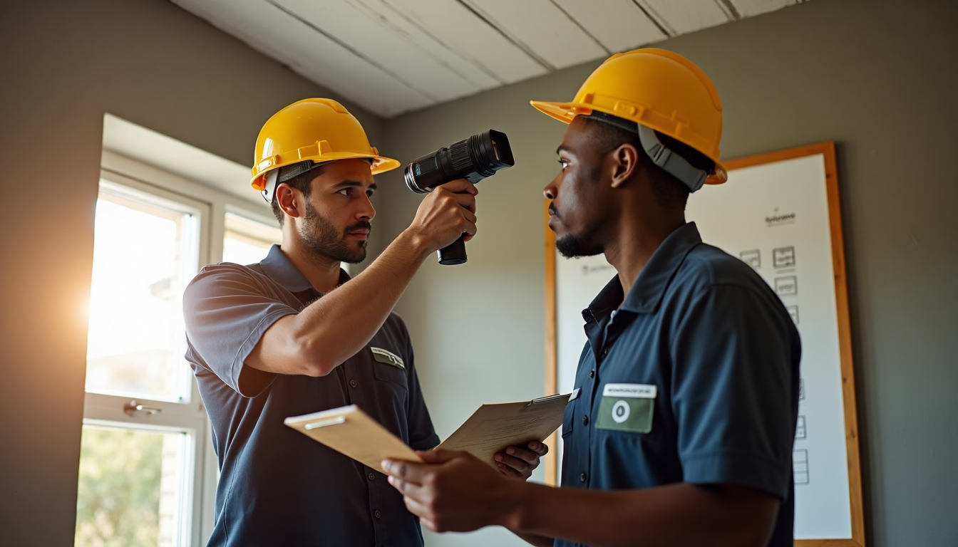 Contractors use thermal camera and checklist, Maintenance Success text on clipboard