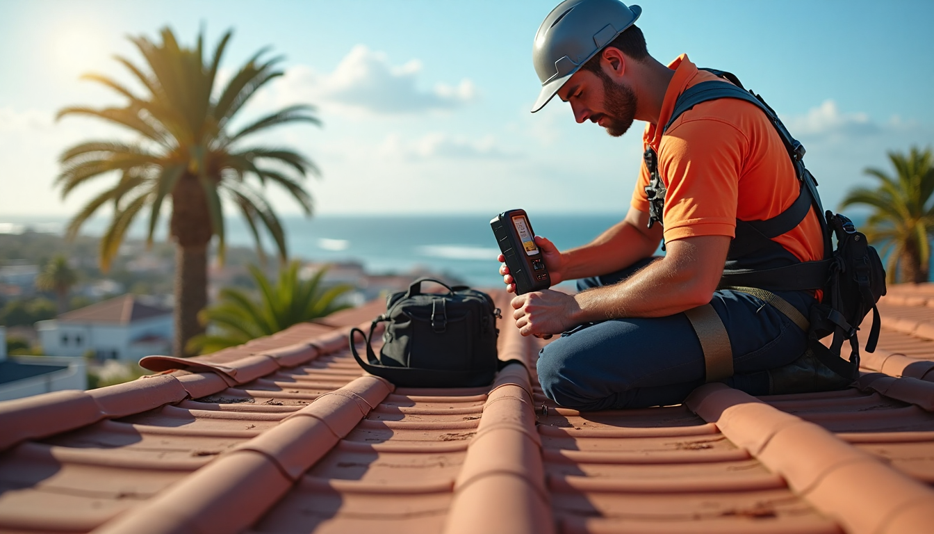 Roofer performs inspection on Cape Town home under strong sunlight