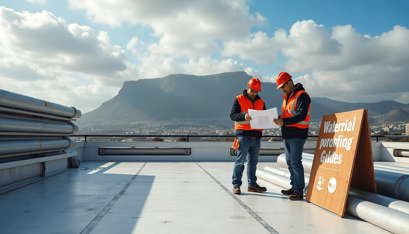 Workers inspect waterproofing membrane on Cape Town rooftop