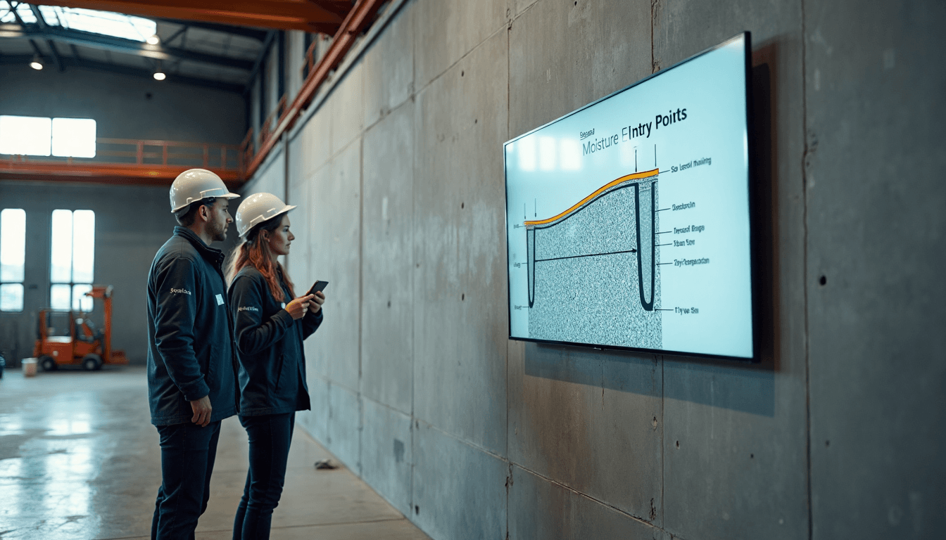 Inspectors examine moisture issues in commercial building wall