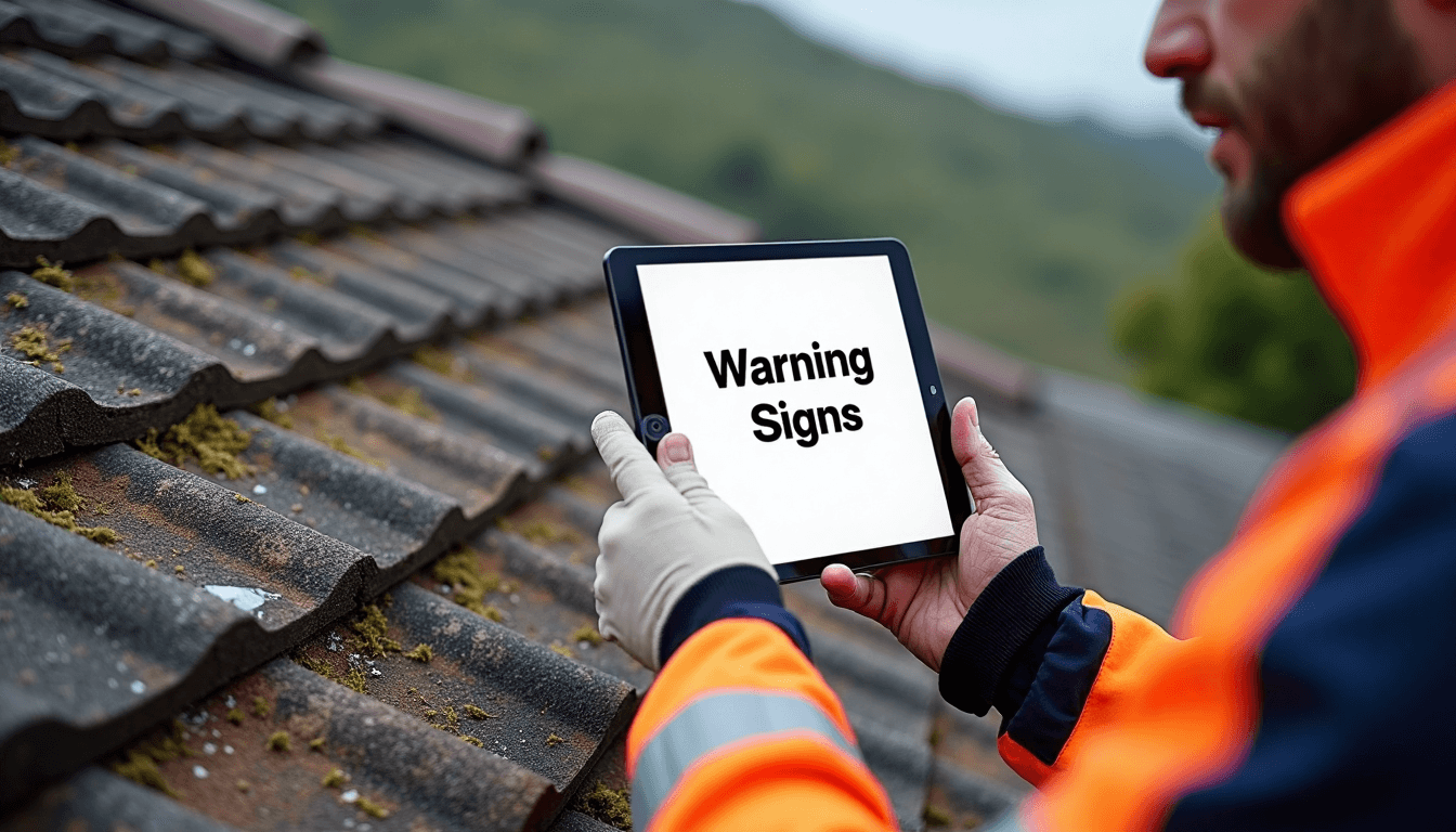 Roofer points out damaged tiles with tablet showing warning signs