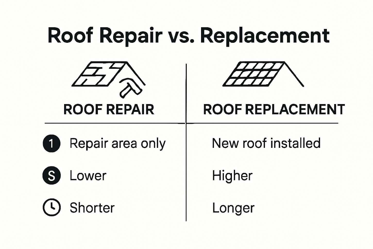 Comparison infographic of roof repair and replacement steps, costs, and lifespan.