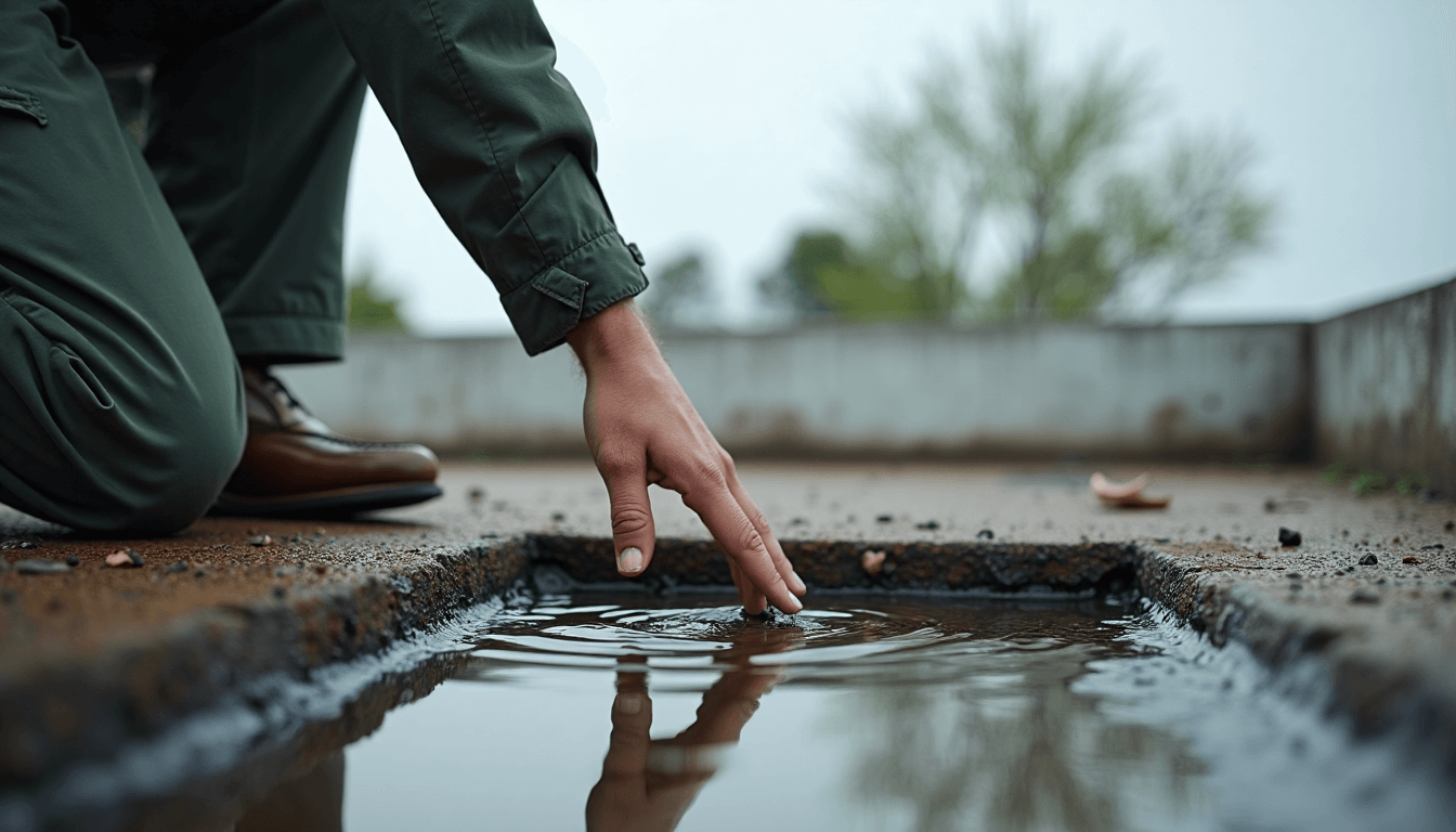 Homeowner checks standing water on flat roof