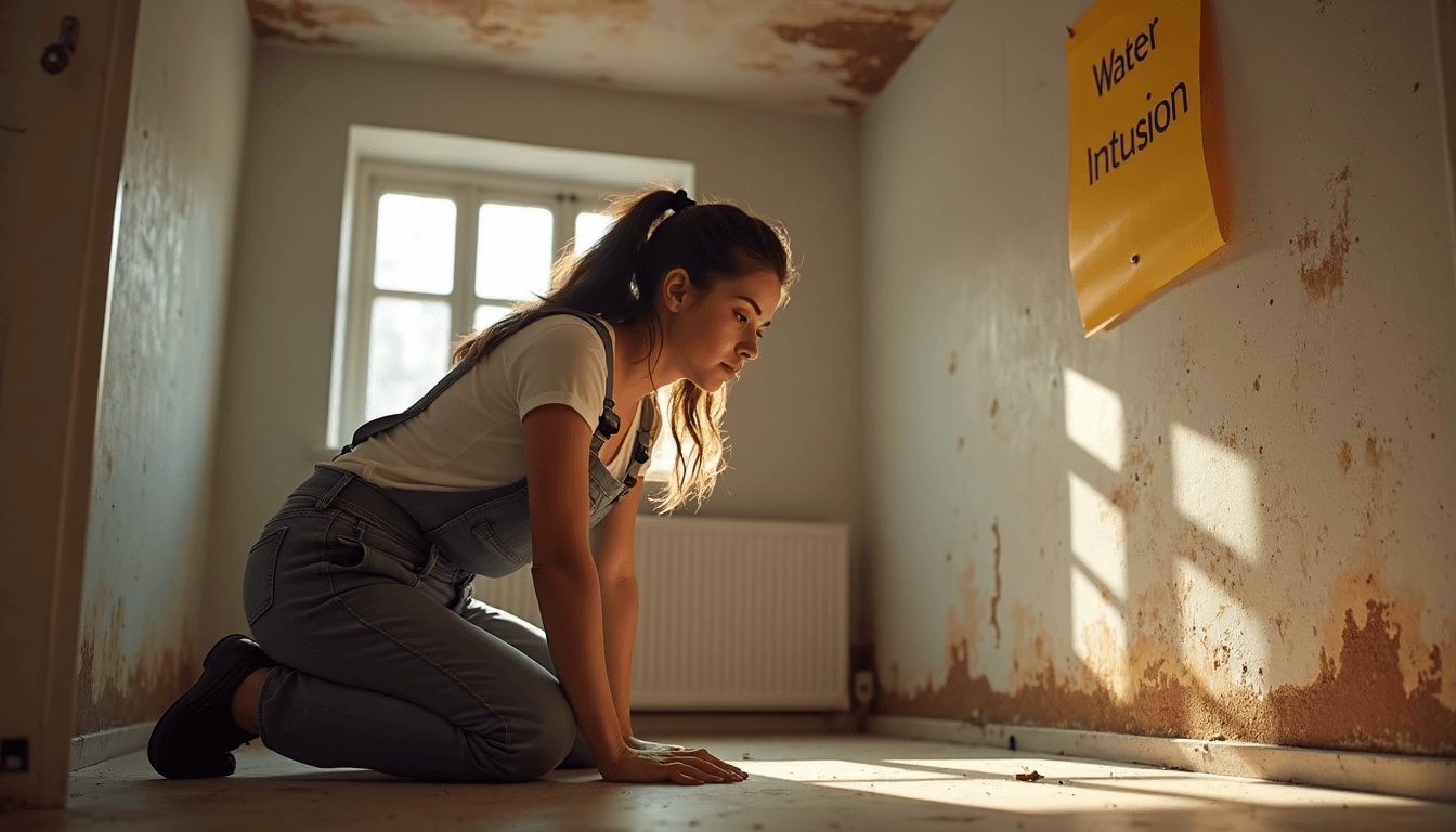 Woman inspecting water stains and leak signs on ceiling