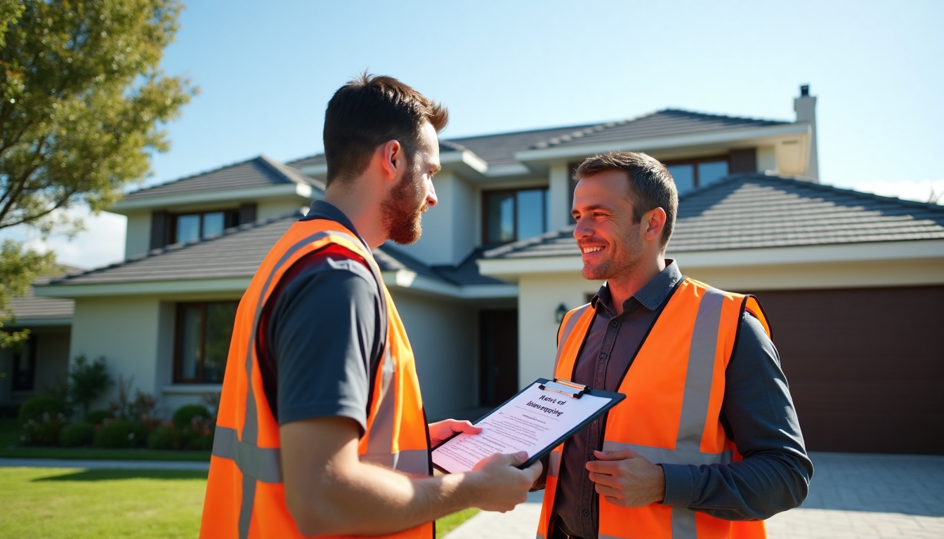 Roofing professionals inspect Cape Town house roof with branded clipboard