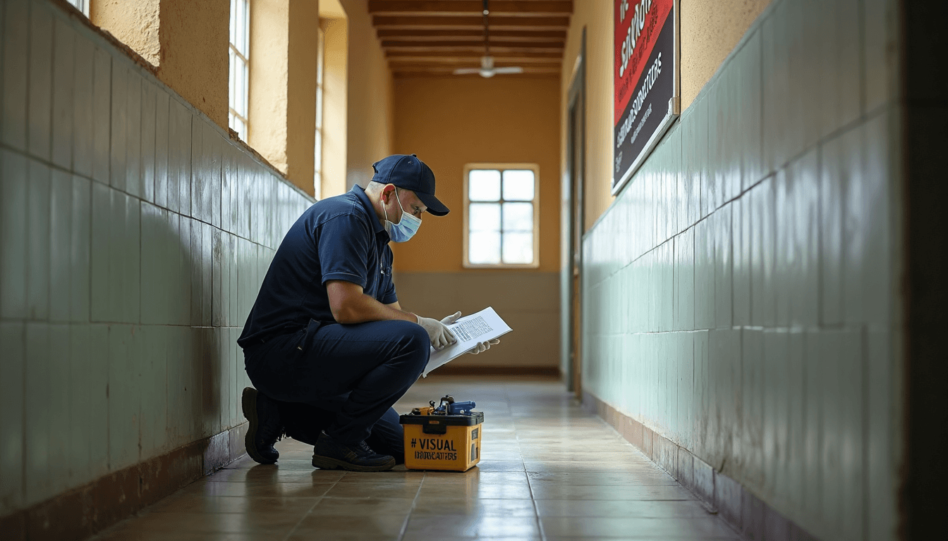 Inspector tests ceiling tile for visual indicators of asbestos
