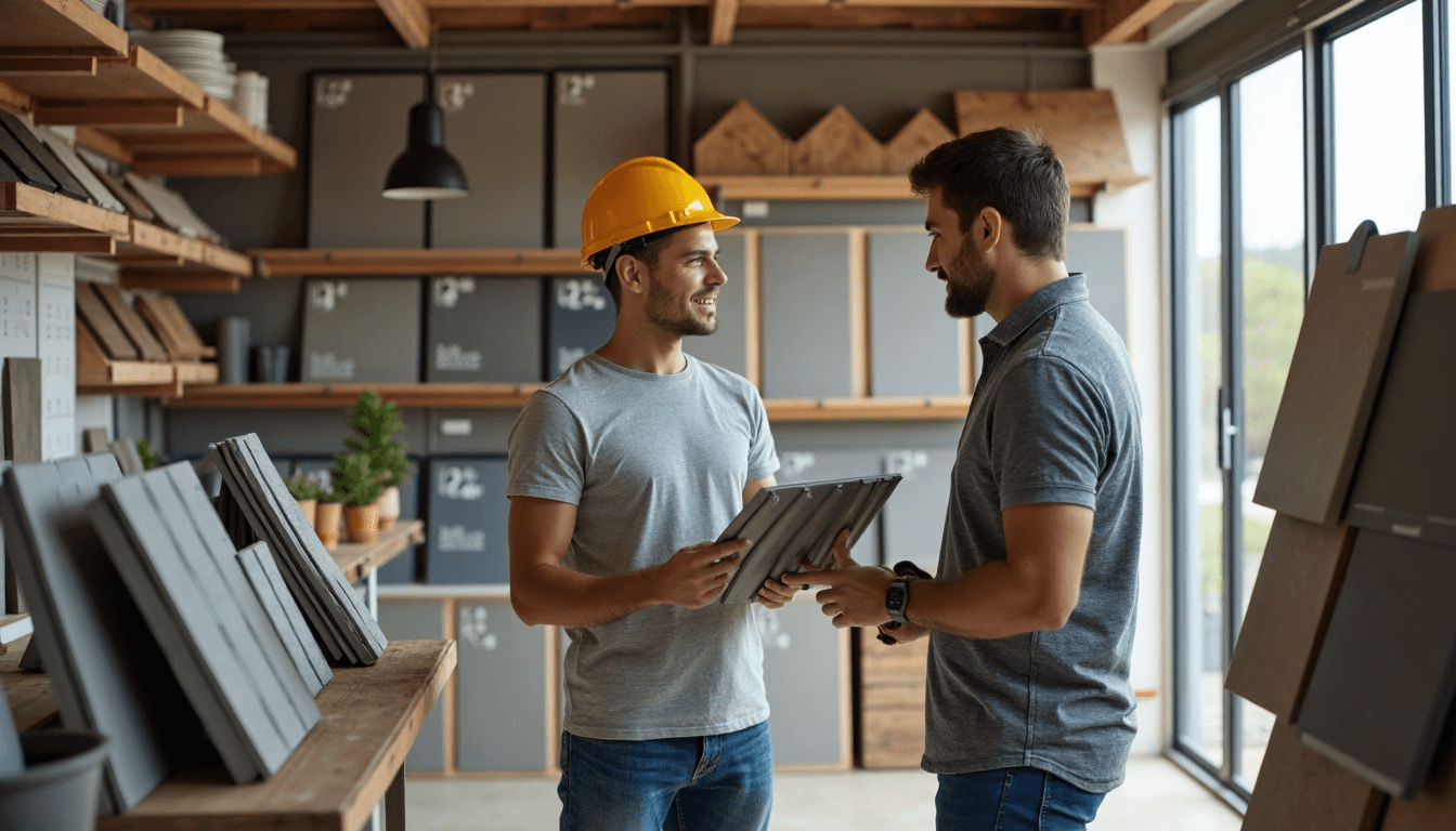 Cape Town contractor and homeowner discuss modern roofing alternatives at supply store counter