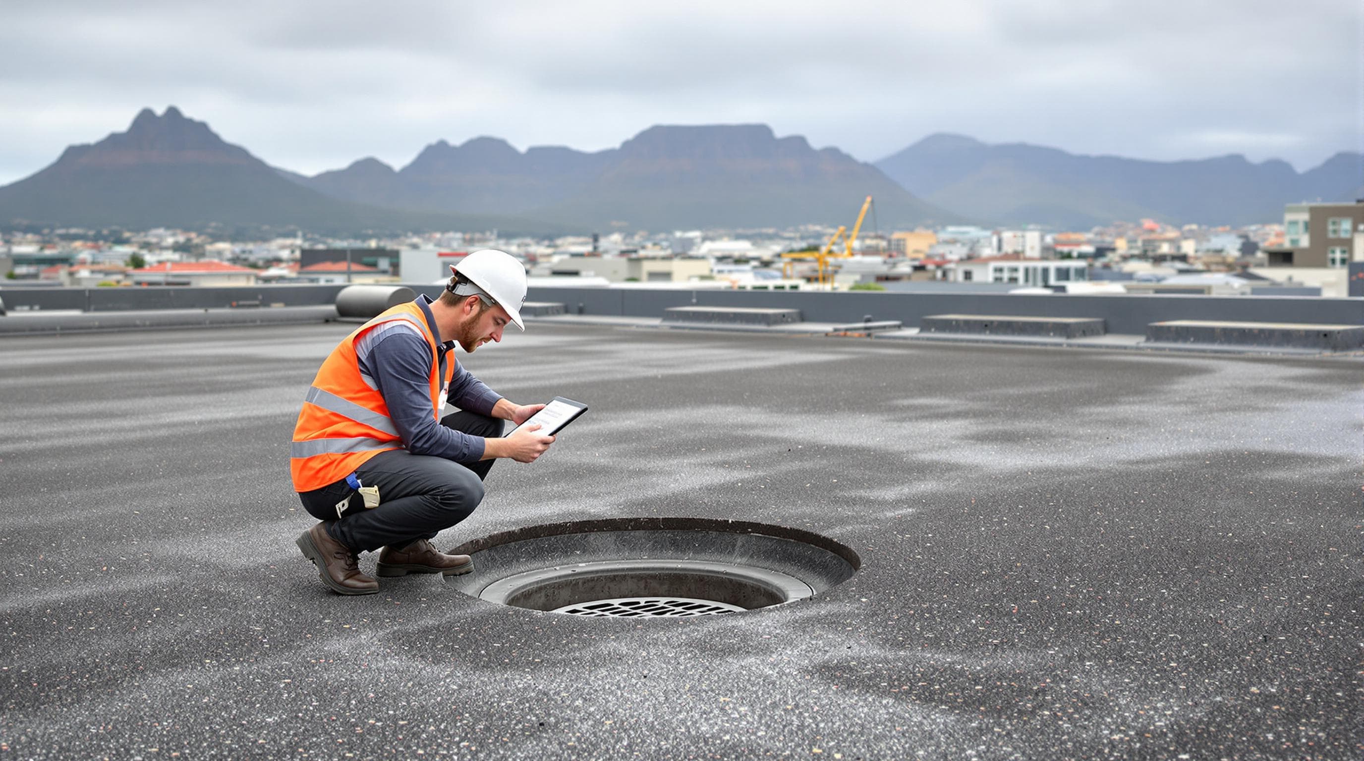 Contractors inspect commercial Cape Town roof in autumn afternoon