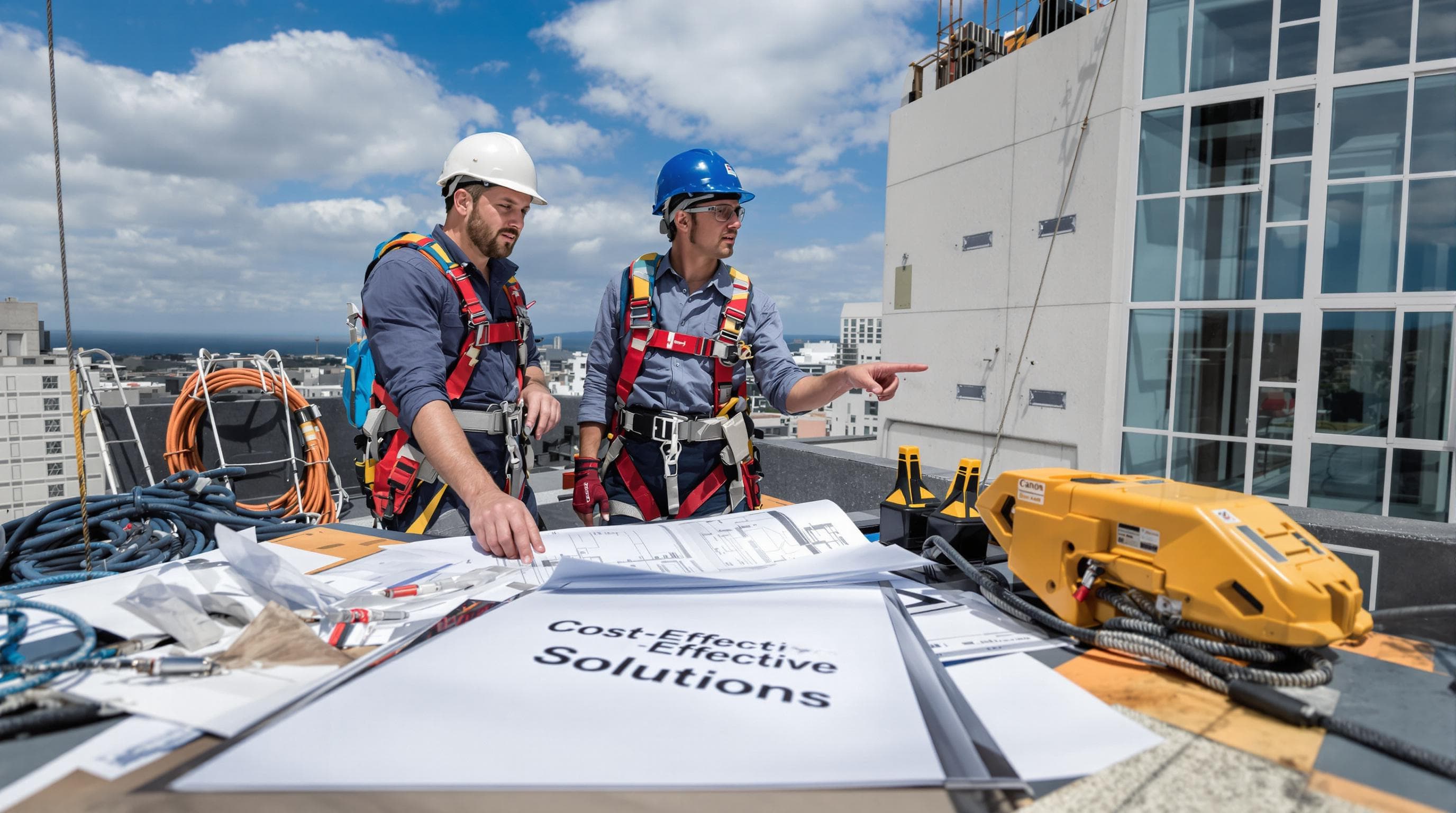 Technicians and property owner review cost-effective rope access maintenance plans