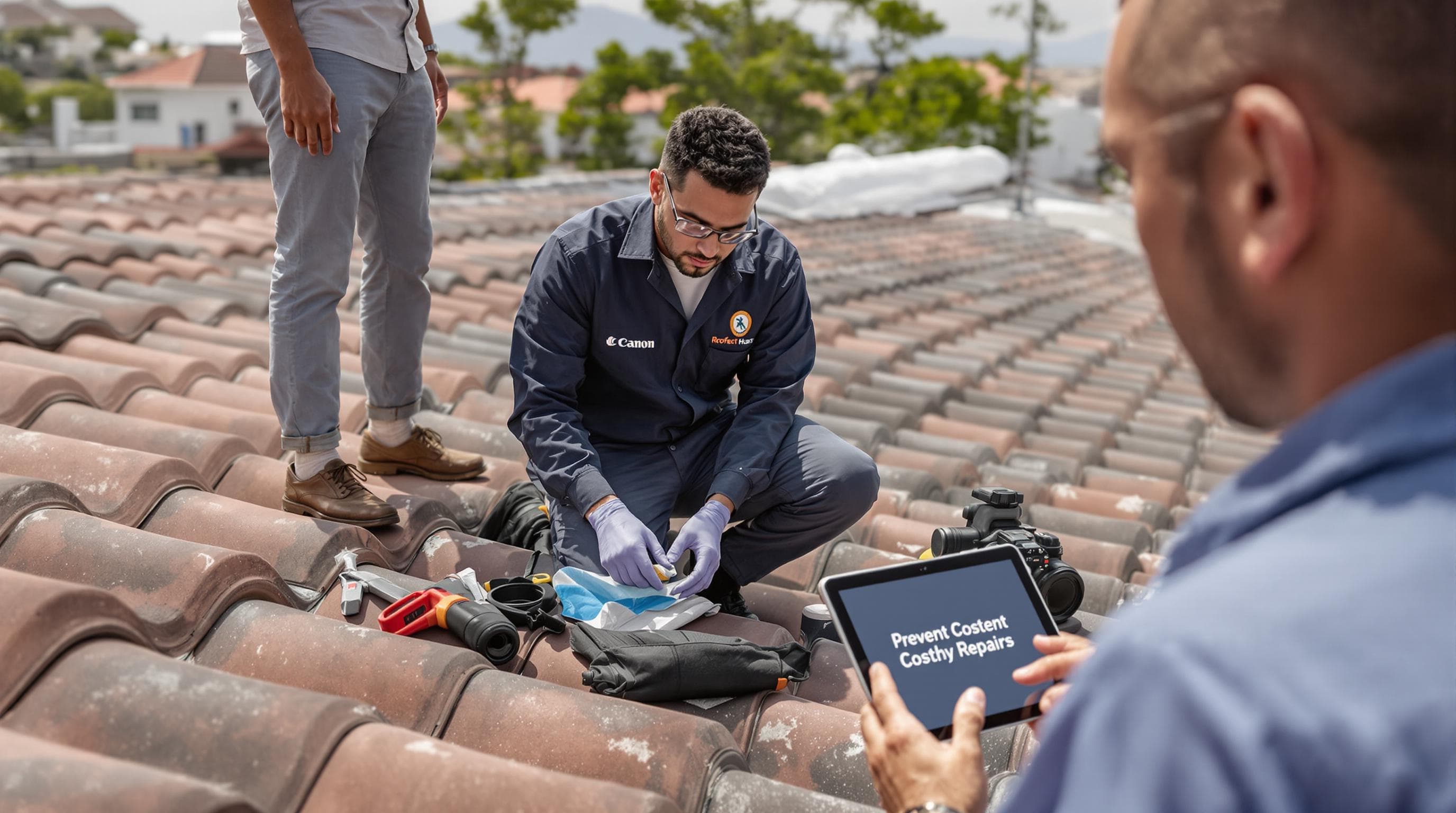 Roof inspector shows Cape Town homeowner a cracked tile; tablet reads Prevent Costly Repairs