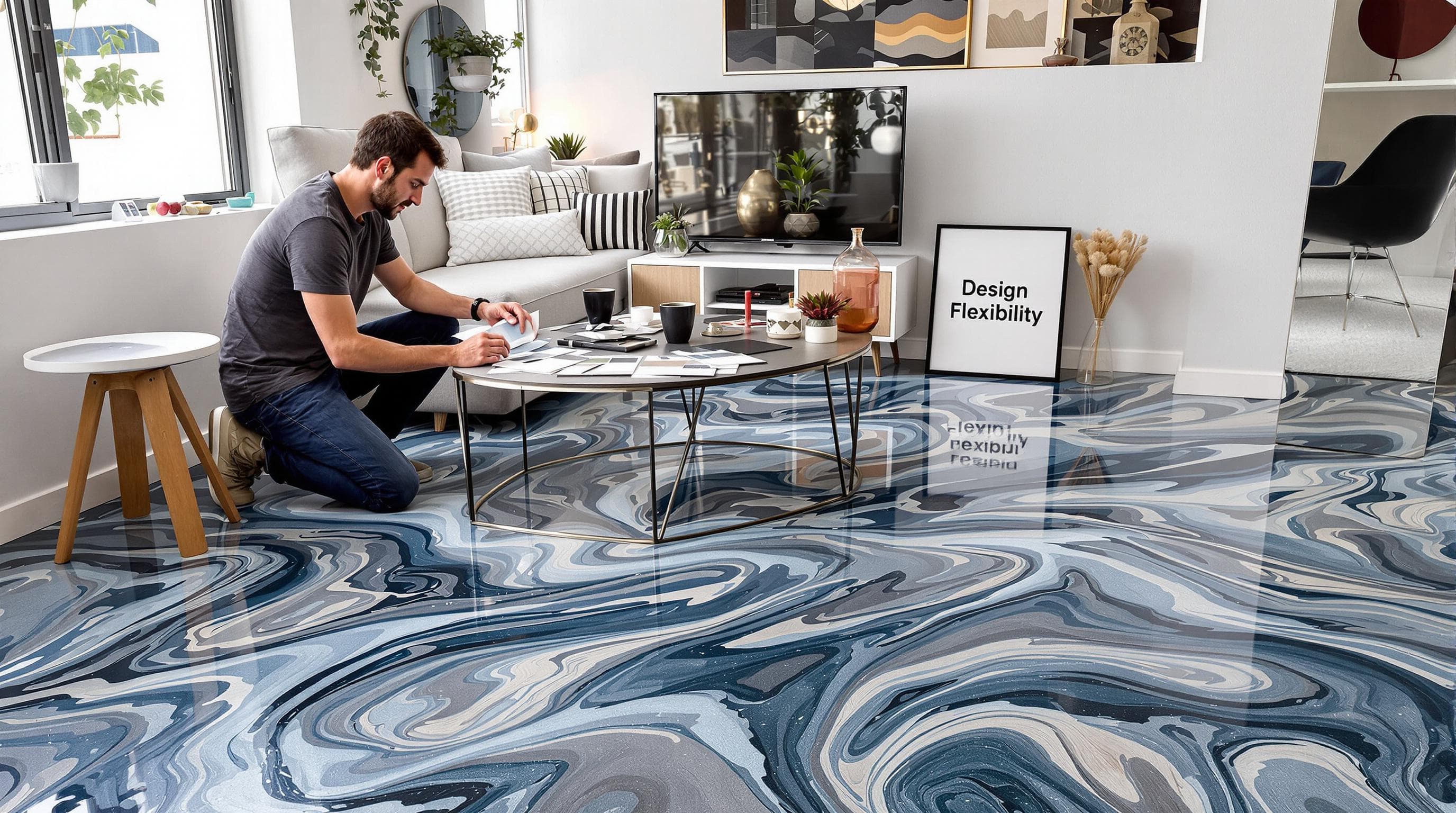 Designer reviewing decorative metallic epoxy floor samples in home