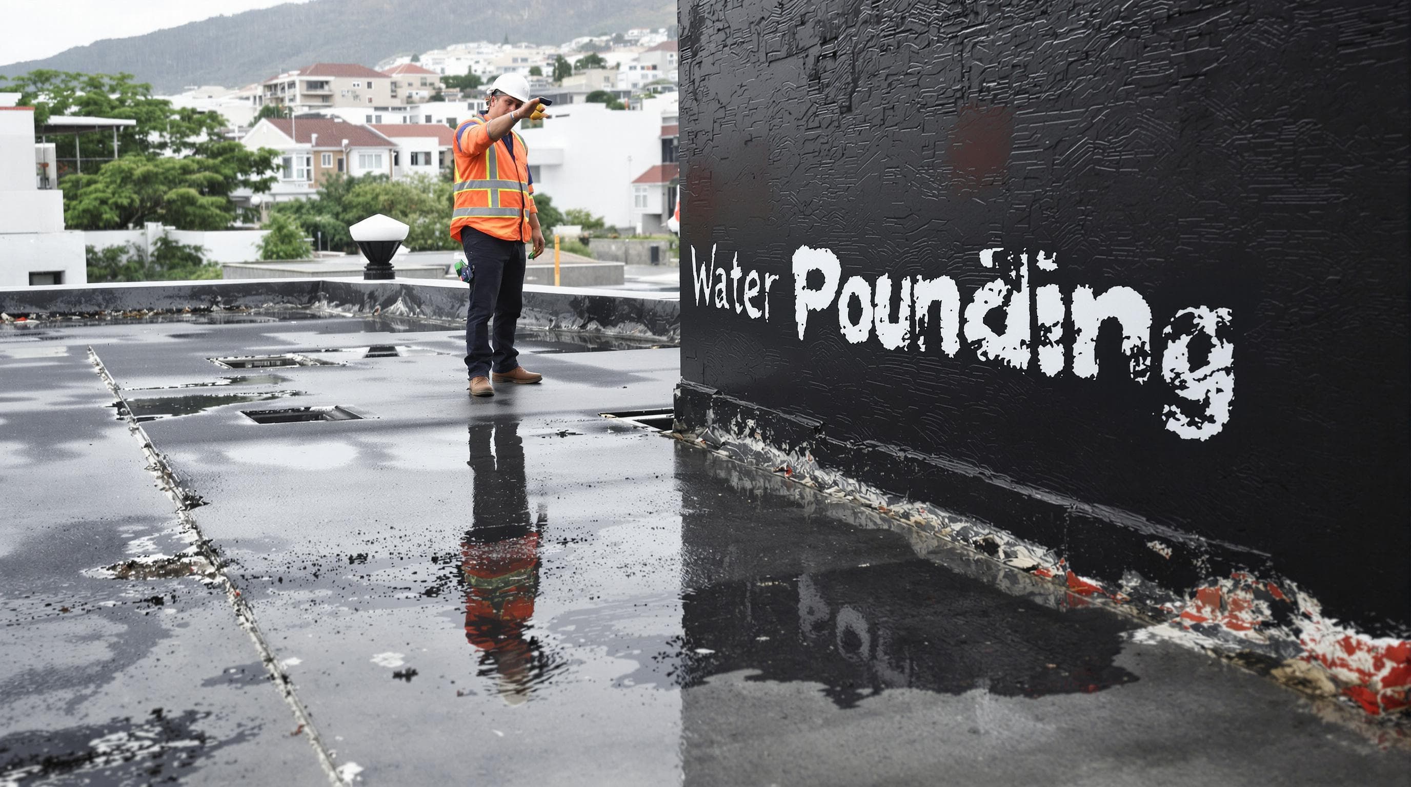 Contractor and owner beside ponding water on Cape Town roof with Water Ponding text