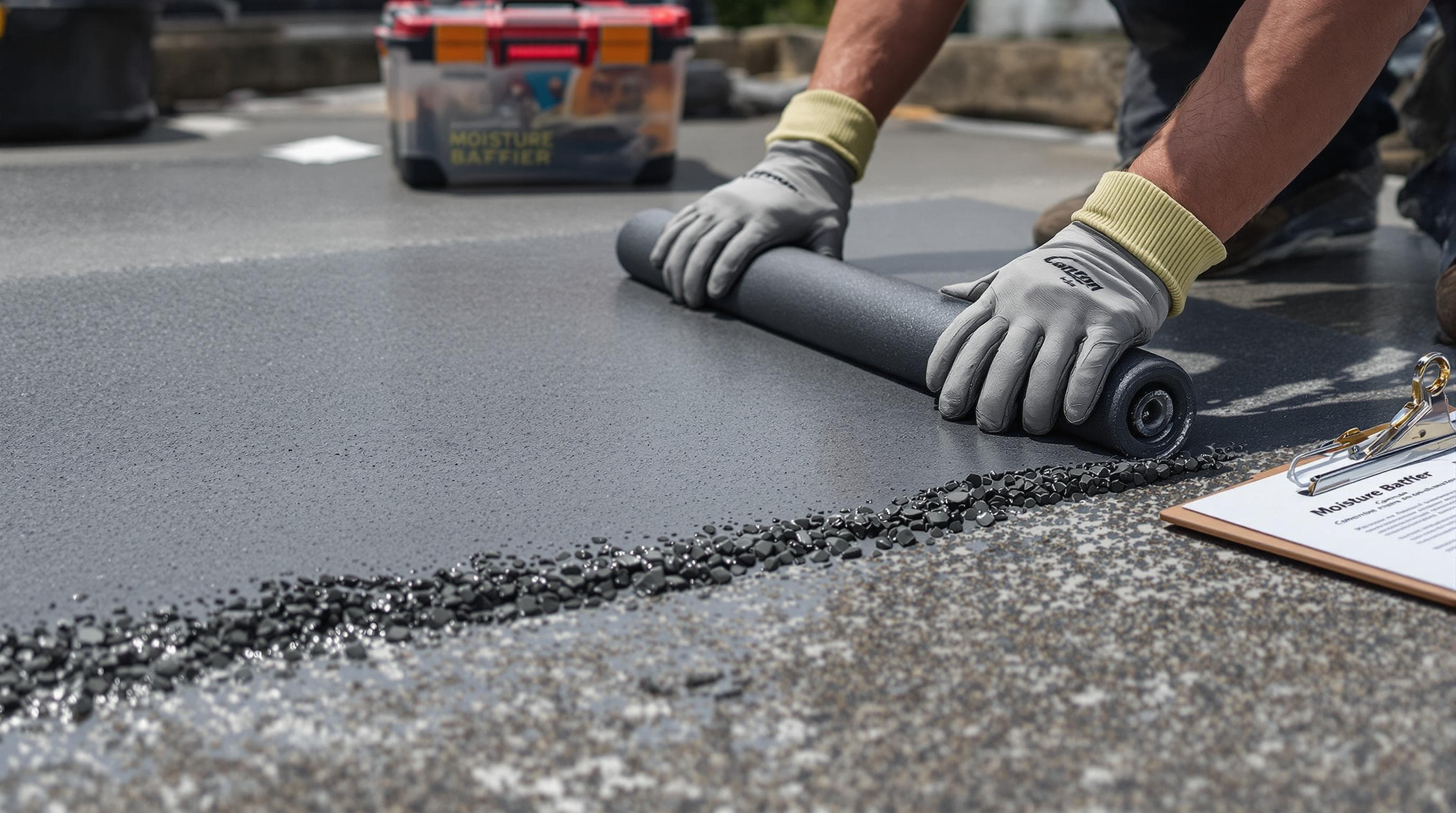 Worker applying liquid waterproofing to cracked concrete roof, 'Moisture Barrier' on poster