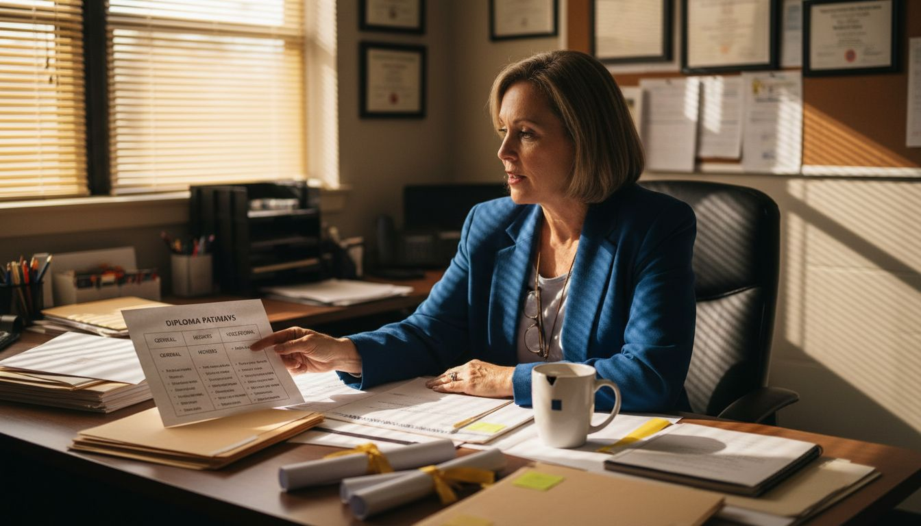 Counselor comparing diploma options at desk