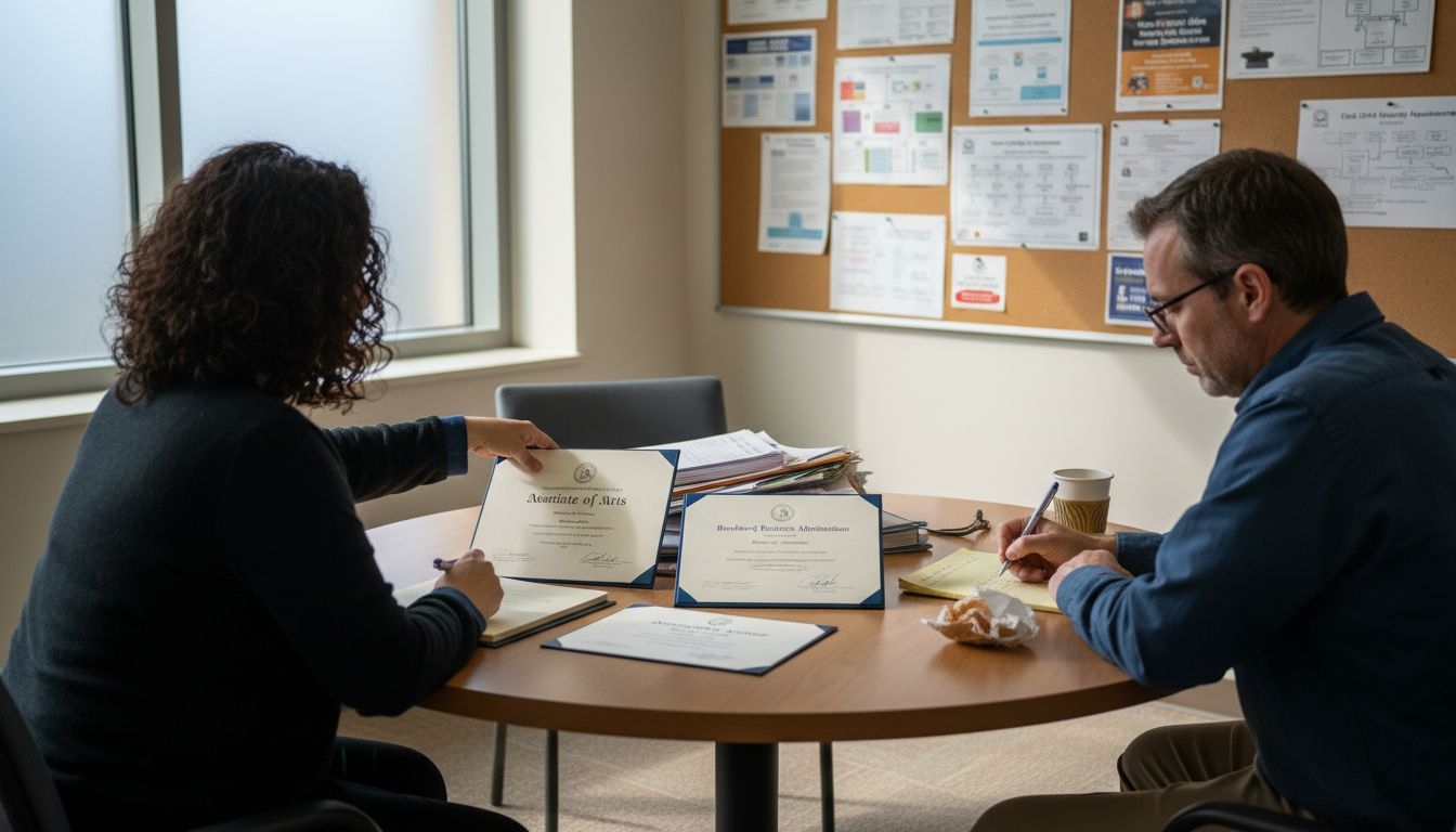 Advisors examining various college diplomas