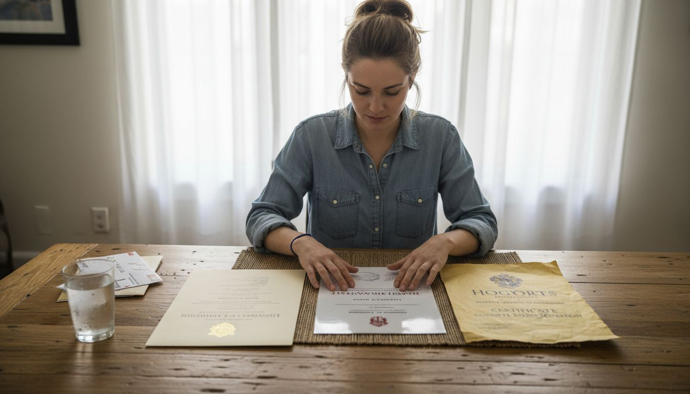Person comparing official, replica, and novelty diplomas