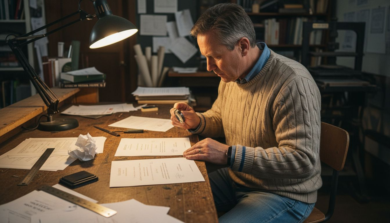 Print specialist inspecting diploma design features