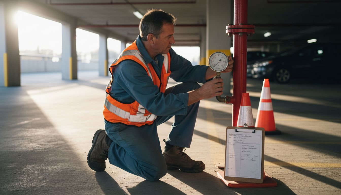 Technician preparing standpipe flow test equipment