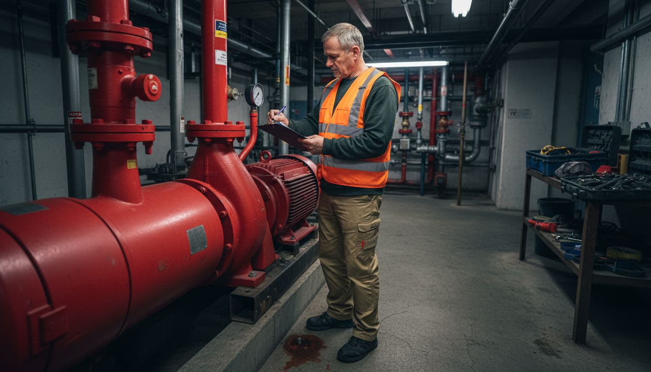 Fire technician inspecting basement fire pump