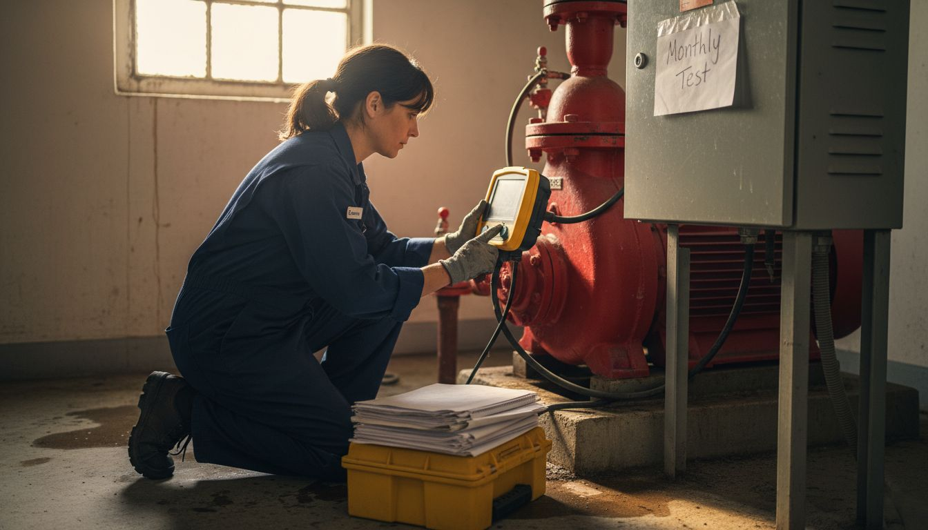 Technician using digital meter for fire pump test