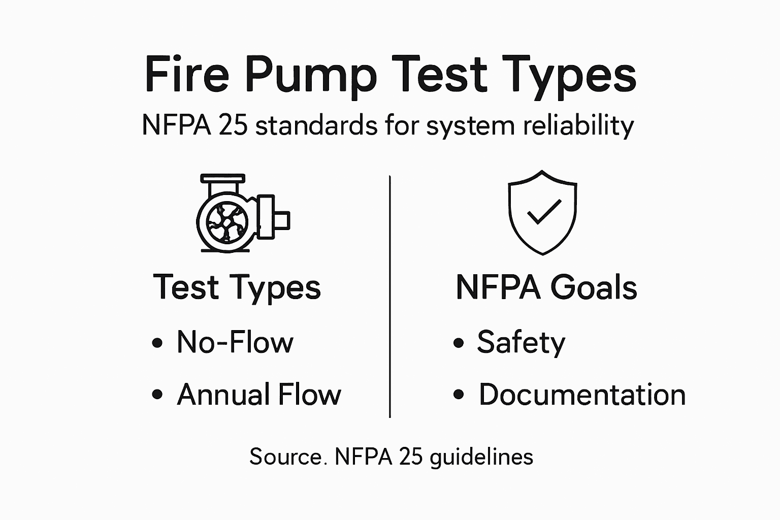 Infographic outlining fire pump test categories and NFPA goals