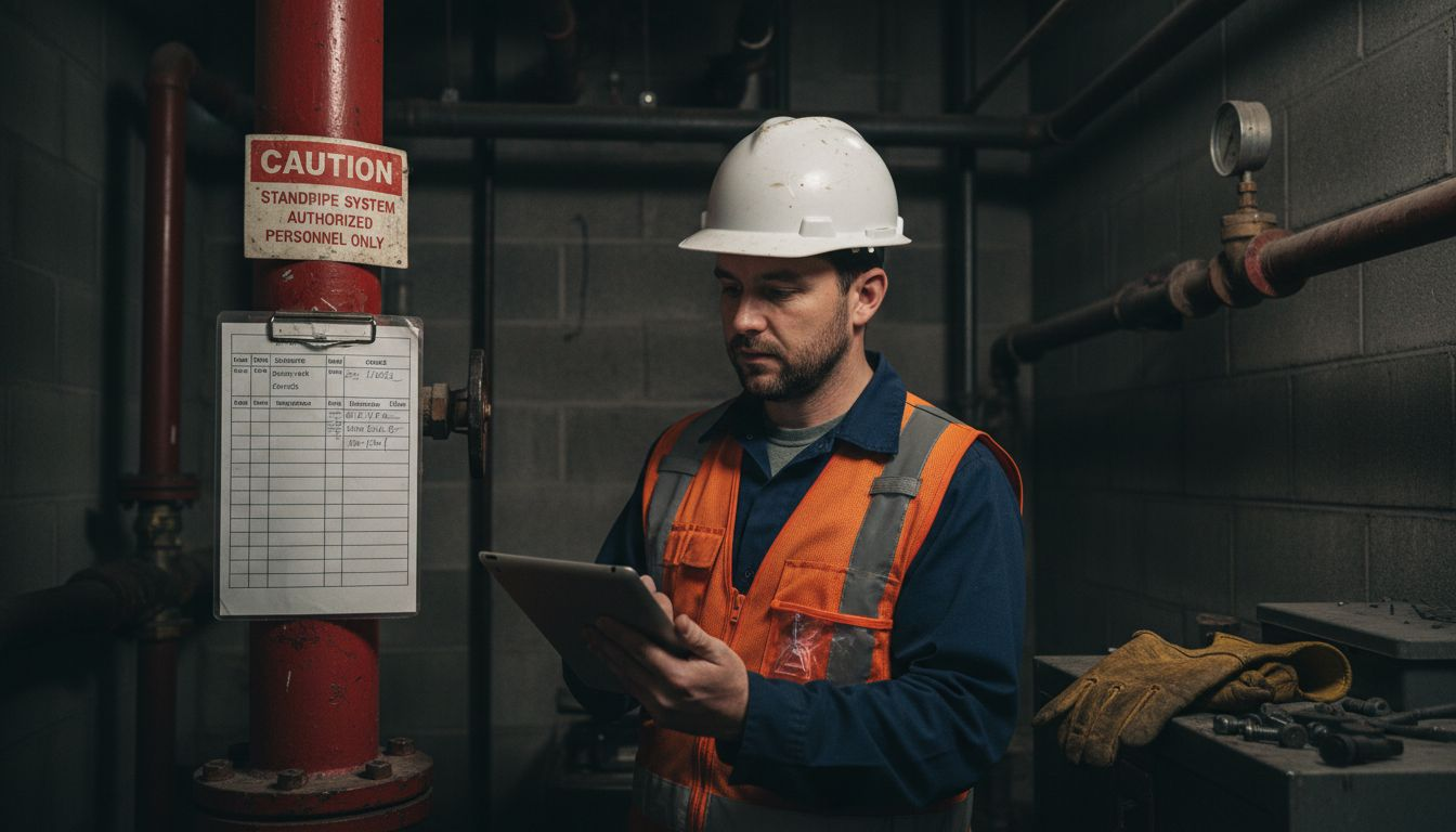 Contractor examining standpipe with inspection checklist