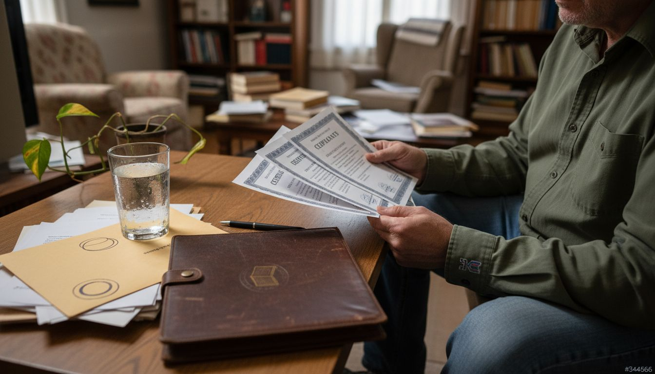 Man reviewing diploma template samples at desk