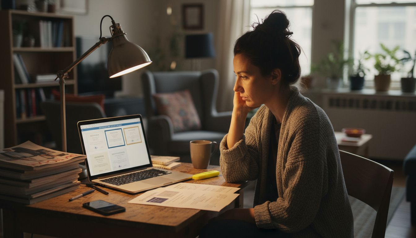 Woman comparing diploma templates at desk