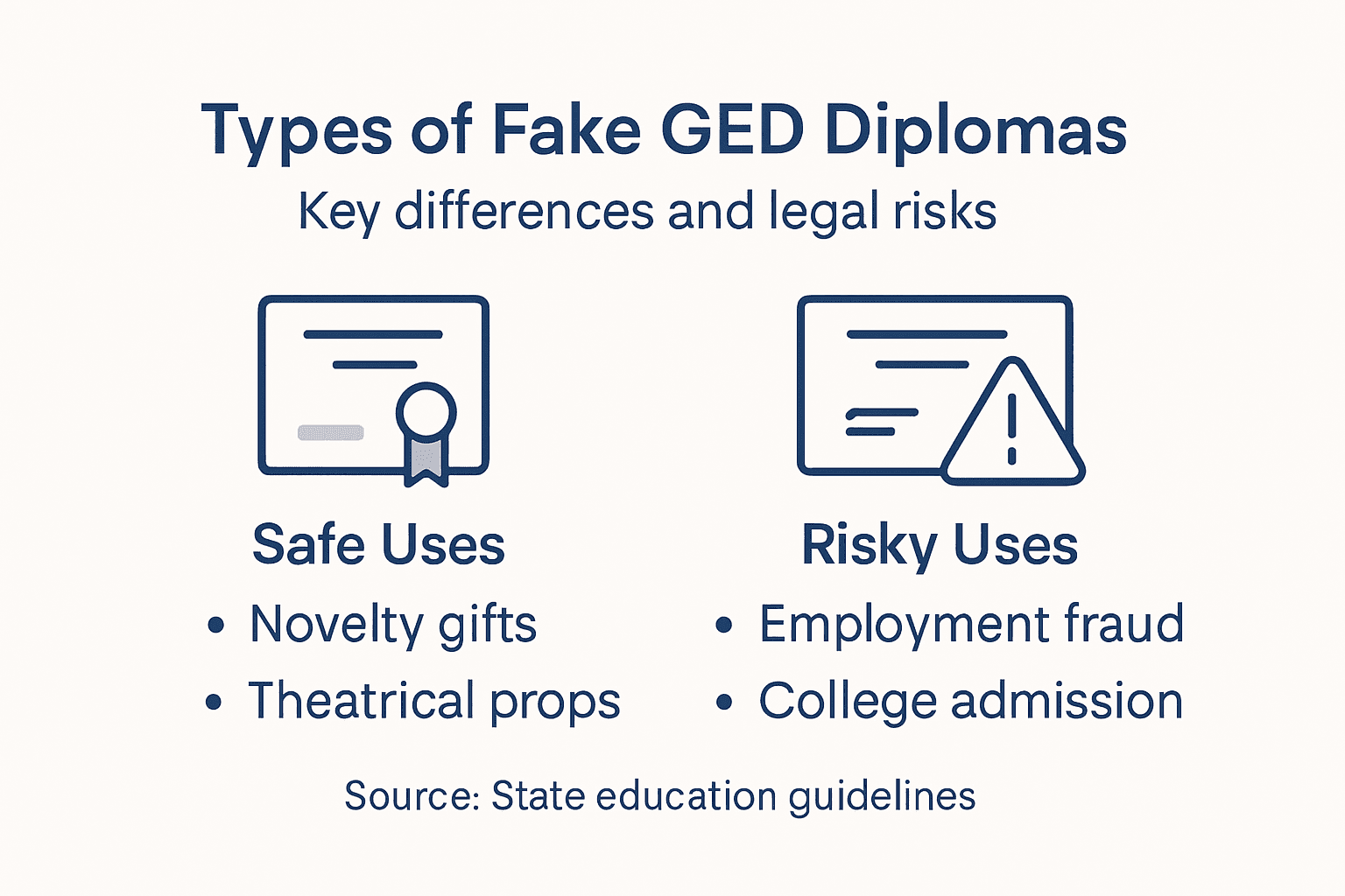 Infographic comparing safe and risky uses of fake GED diplomas
