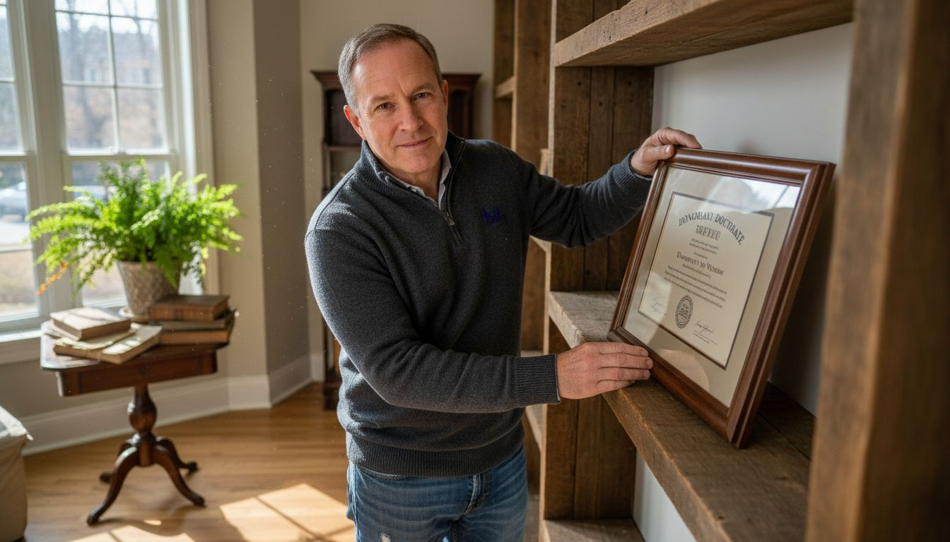 Person displaying replica diploma in living room