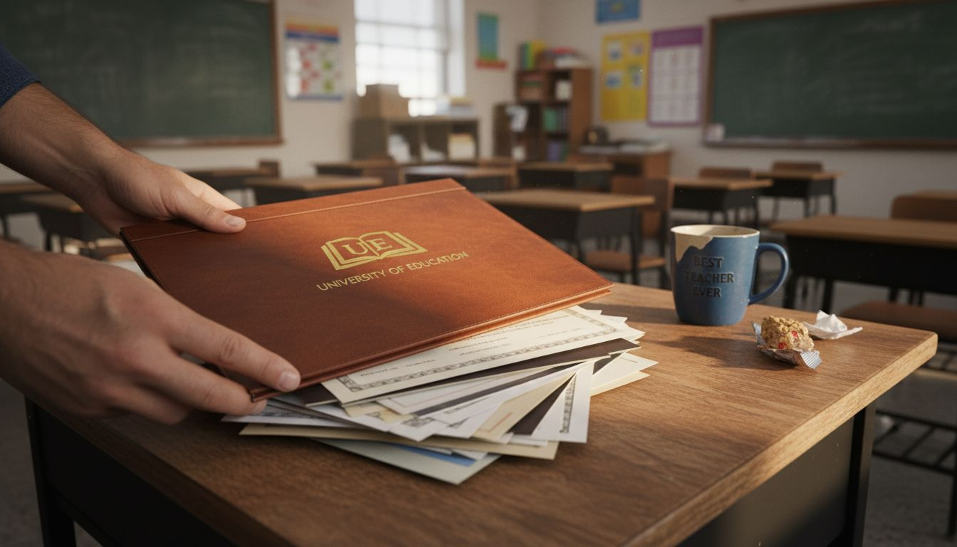Hands placing branded diploma cover on desk