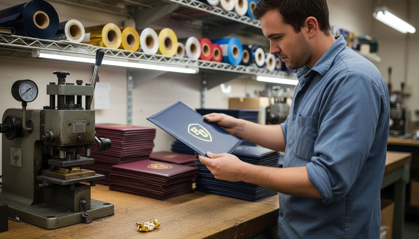 Foil technician inspects branded certificate cover