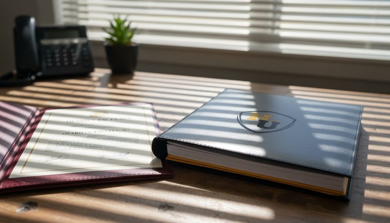 Close-up of certificate cover and multi-document folder