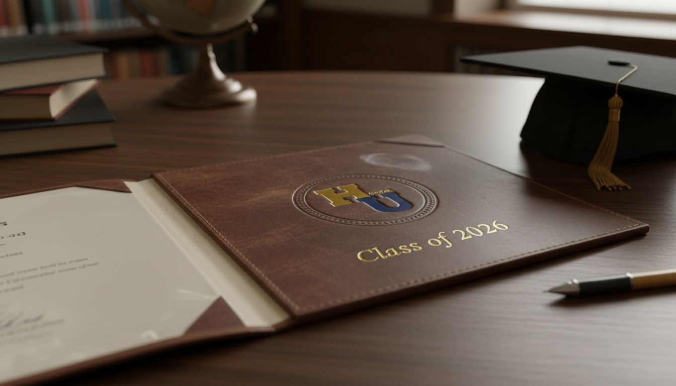 Close-up of leather diploma cover