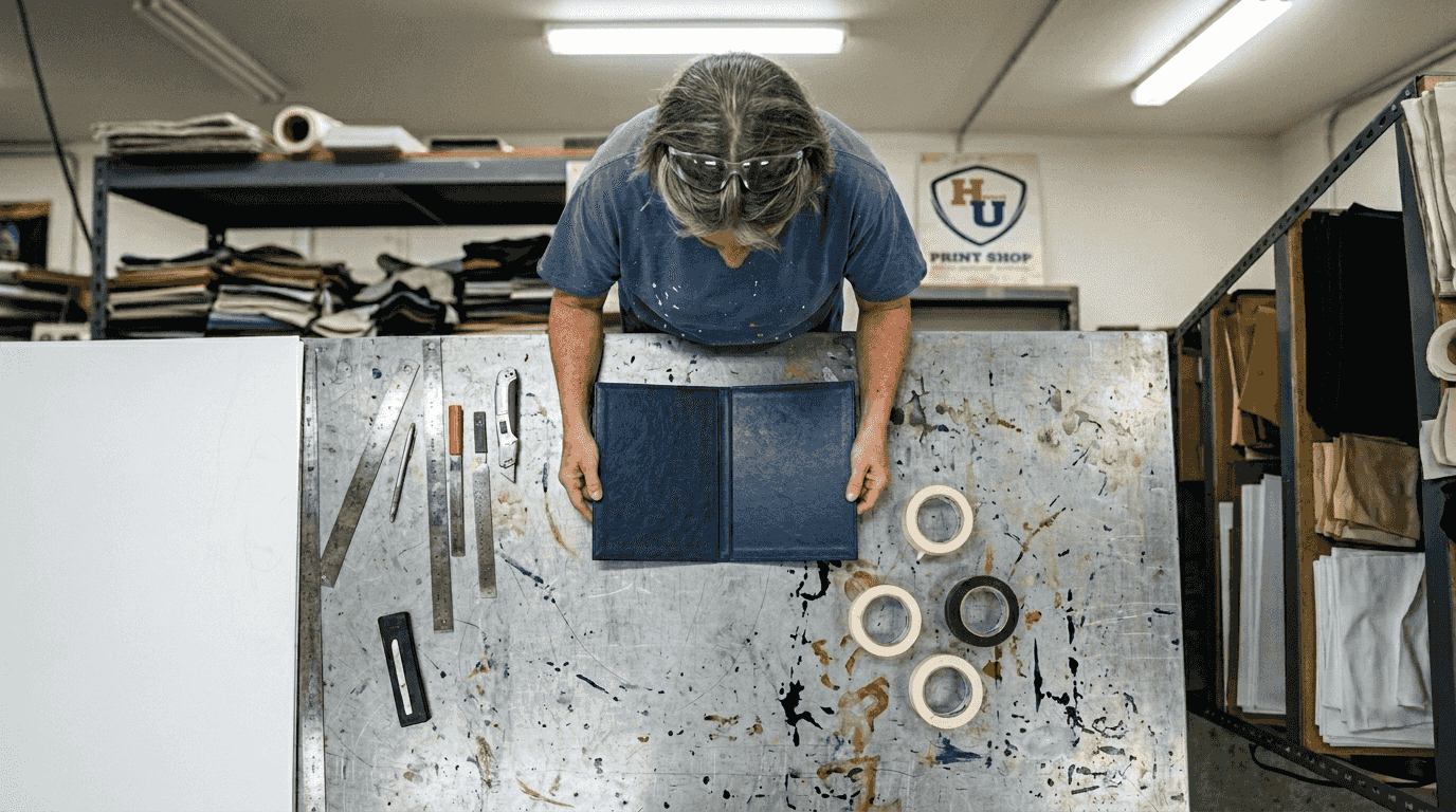 Worker examining certificate holder materials in shop