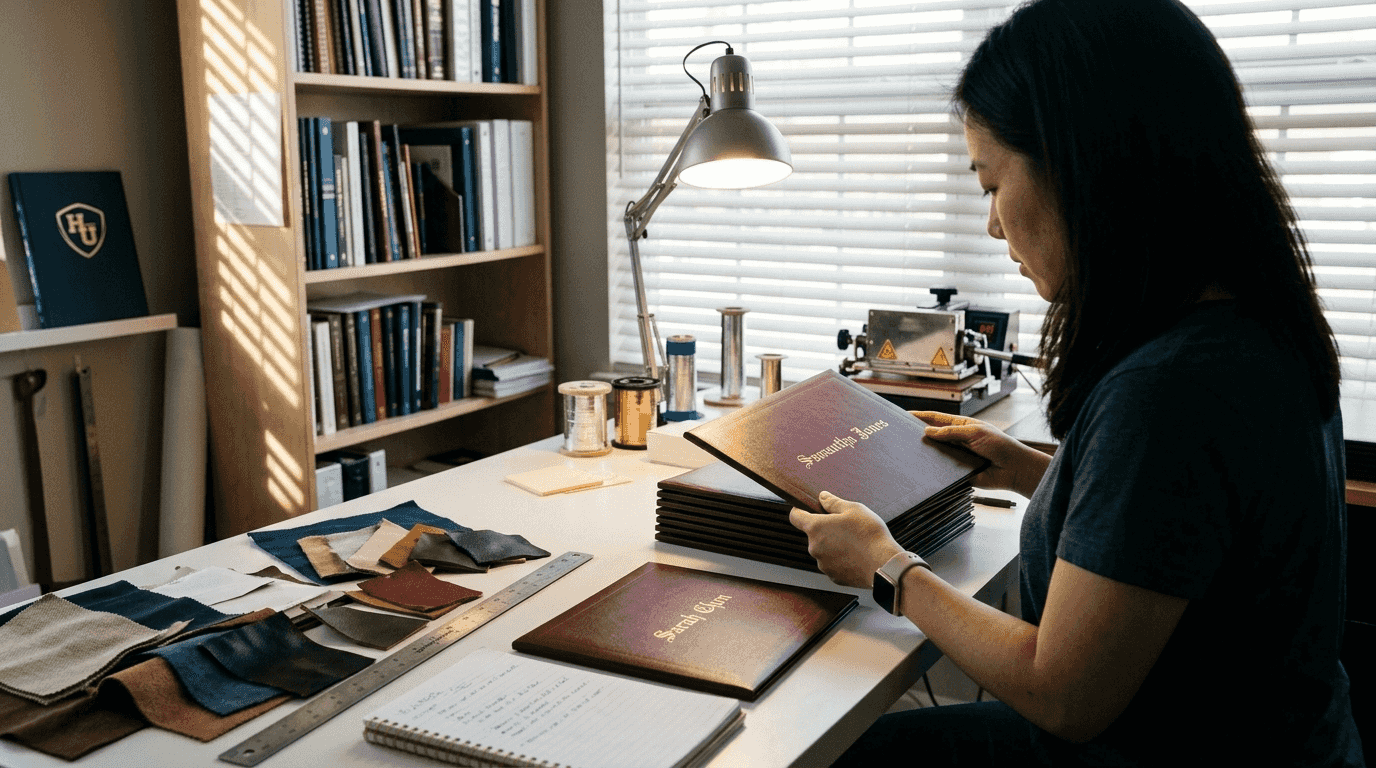 Person inspecting custom diploma covers in studio