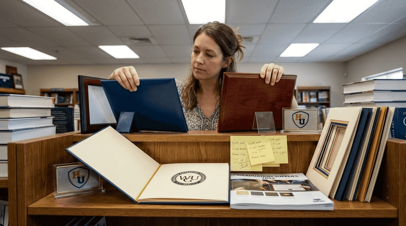 Shopper choosing between diploma frames