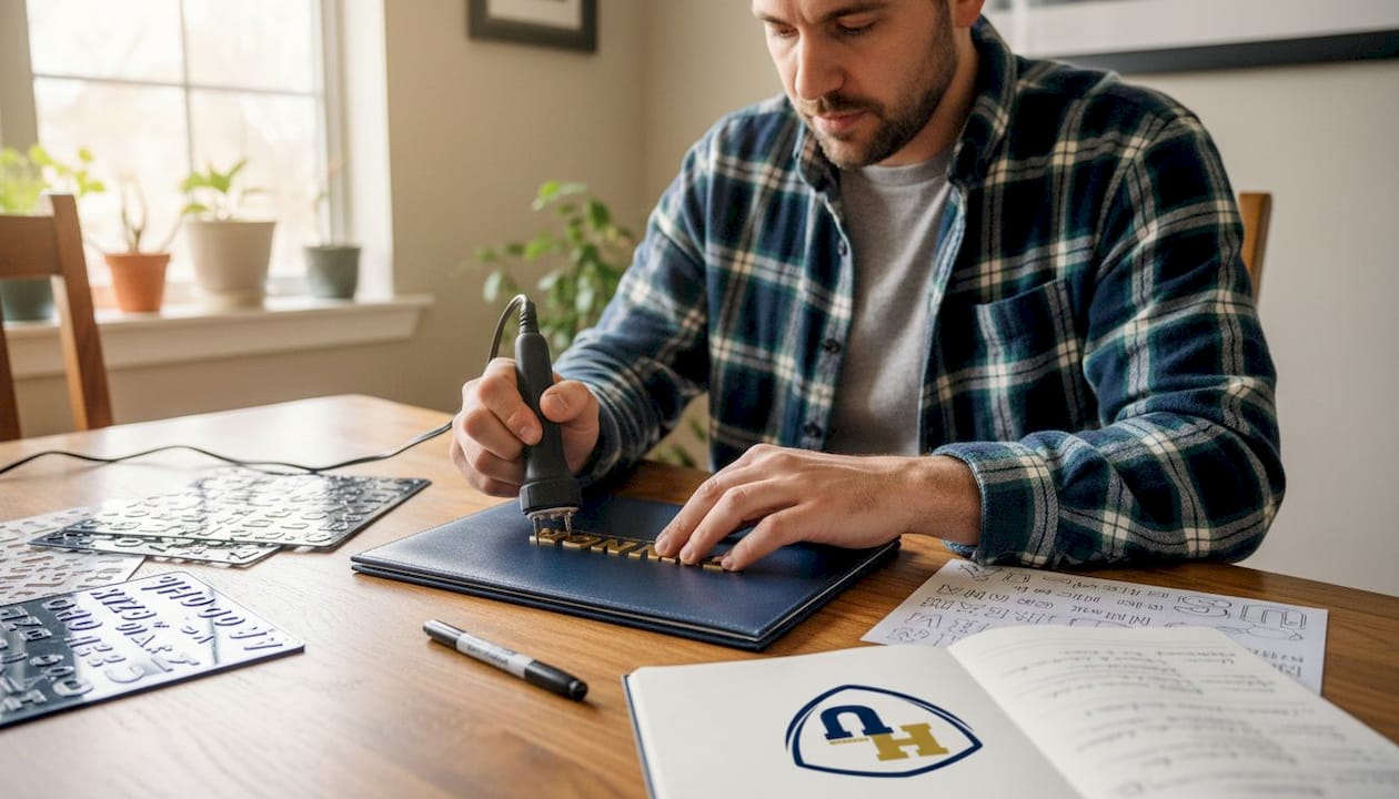 Man customizing diploma holder at home